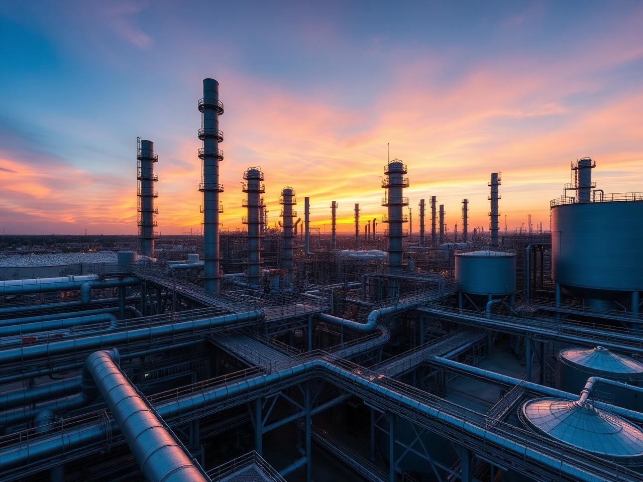 Industrial chemical plant and refinery site with steel piping and storage tanks at dusk
